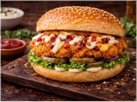 Crispy chickenburger op broodje met verse toppings: sla, tomaat, ui, augurken, cheddar.